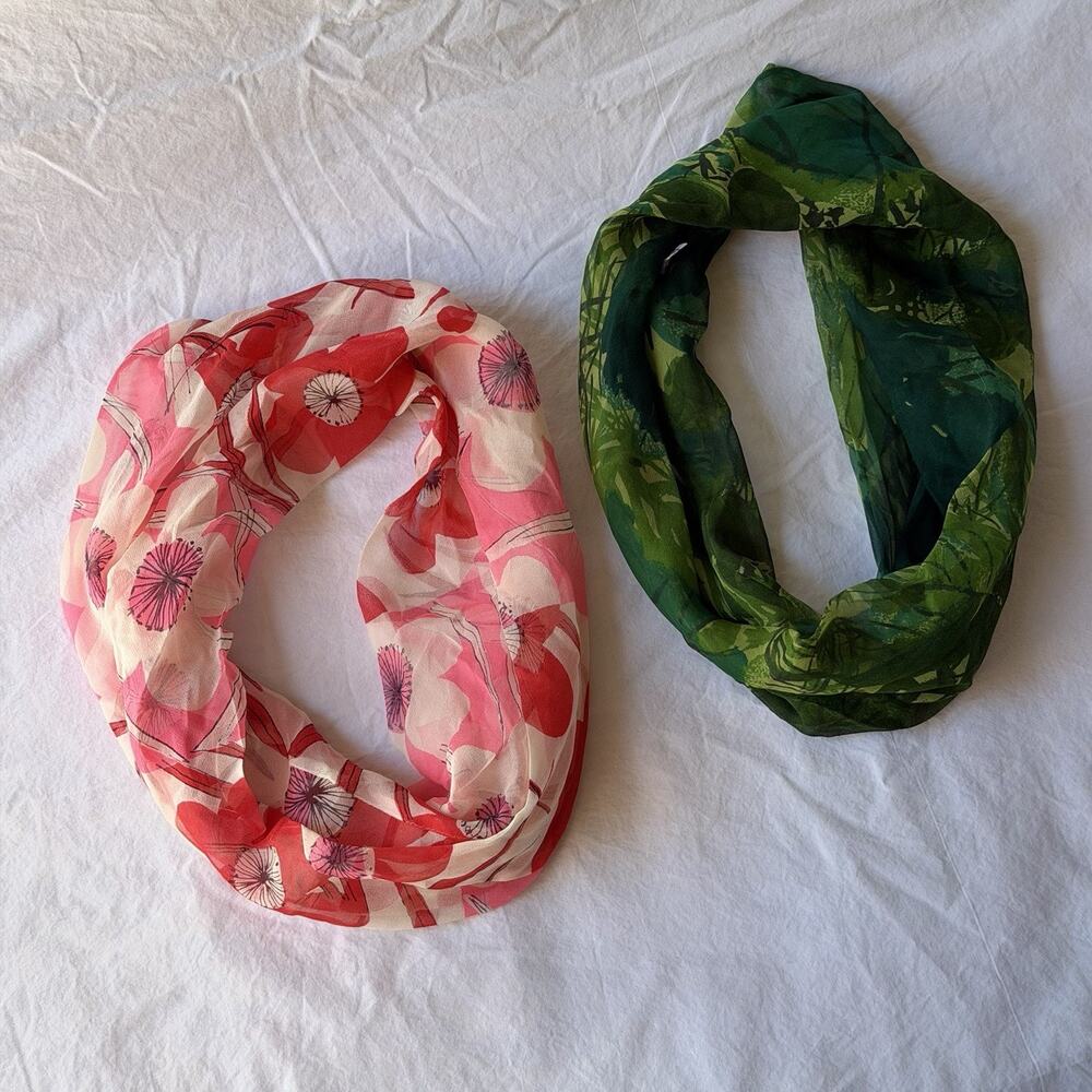 VTG Vera Neumann Silk Infinity Scarf Lot of 2 Pink and Green Made in Japan